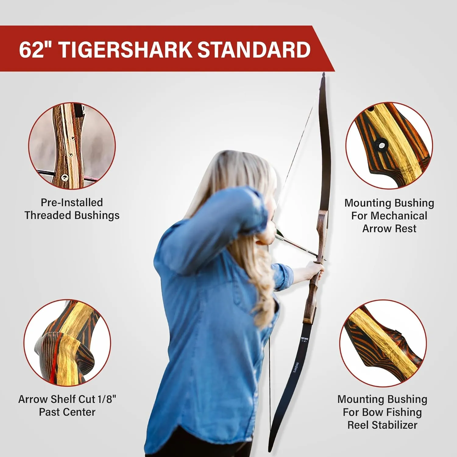 Southwest Archery Tigershark Takedown Recurve Bow – Standard & PRO Versions – 62" Hunting Bow – Left & Right Handed – Draw Weights in 16lb-60lb – USA Based Company – Includes Stringer Tool