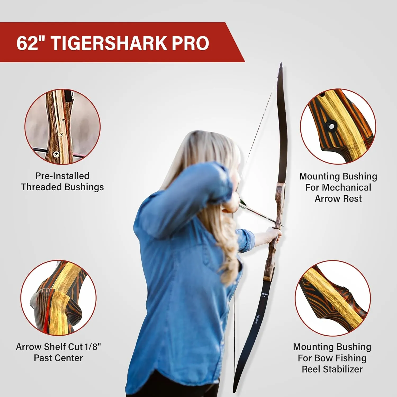 Southwest Archery Tigershark Takedown Recurve Bow – Standard & PRO Versions – 62" Hunting Bow – Left & Right Handed – Draw Weights in 16lb-60lb – USA Based Company – Includes Stringer Tool