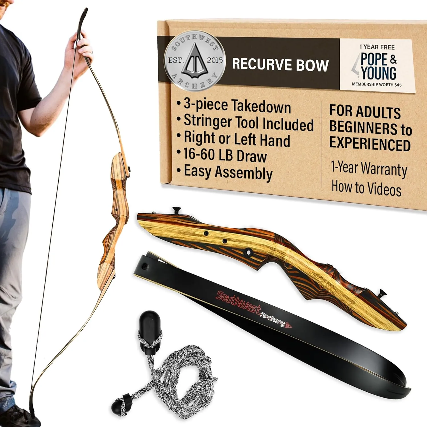 Southwest Archery Tigershark Takedown Recurve Bow – Standard & PRO Versions – 62" Hunting Bow – Left & Right Handed – Draw Weights in 16lb-60lb – USA Based Company – Includes Stringer Tool
