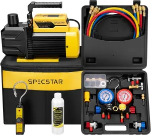 SPECSTAR 1/3 HP 4.5 CFM 1-Stage HVAC Vacuum Pump and 4 Way AC Manifold Gauge Set with Leak Detector 5ft Hoses & Accessories for R134a R12 R22 R502 R410a Auto Air Conditioning Refrigeration Recharging