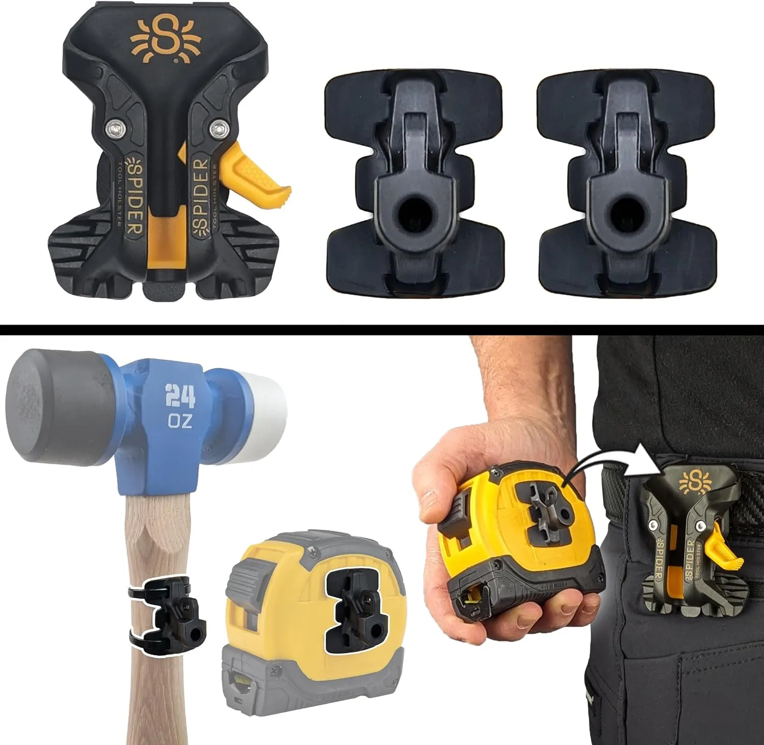 Spider Tool Holster - Pro Tape Measure   Hammer Holster Kit - Upgraded, Self Locking, Quick Draw Universal Tool Holder with Ambidextrous Thumb Lock - Compatible with All Major Brands