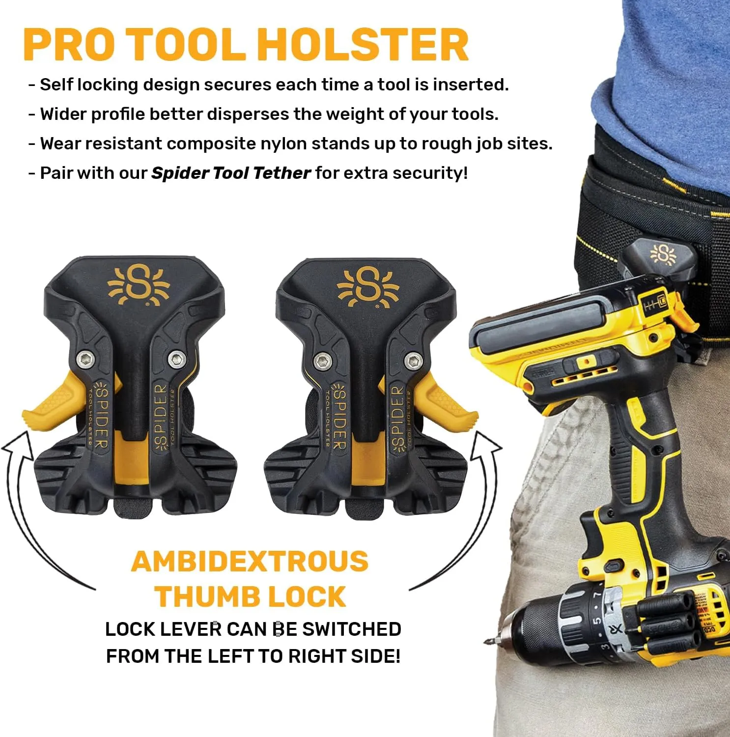 Spider Tool Holster - Pro Tape Measure   Hammer Holster Kit - Upgraded, Self Locking, Quick Draw Universal Tool Holder with Ambidextrous Thumb Lock - Compatible with All Major Brands