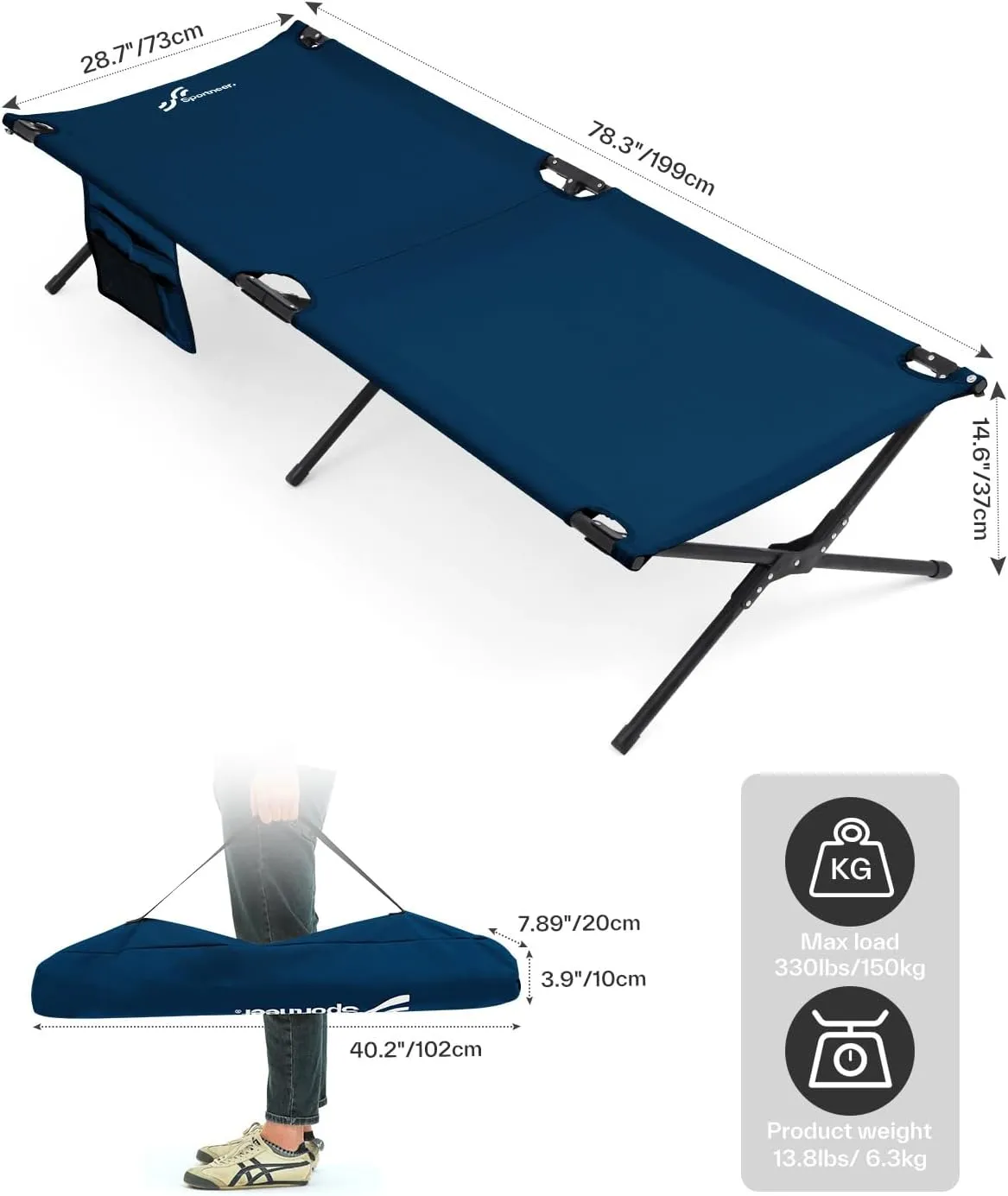 Sportneer Camping Cots for Adults: Easy-to-Assemble Camping Bed with Cmfortable Mattress & Side Bags Support 330lbs - Cot Bed for Camping, Lounging, & Elevated Sleeping, Size 78.3"x28.7"x14.6"