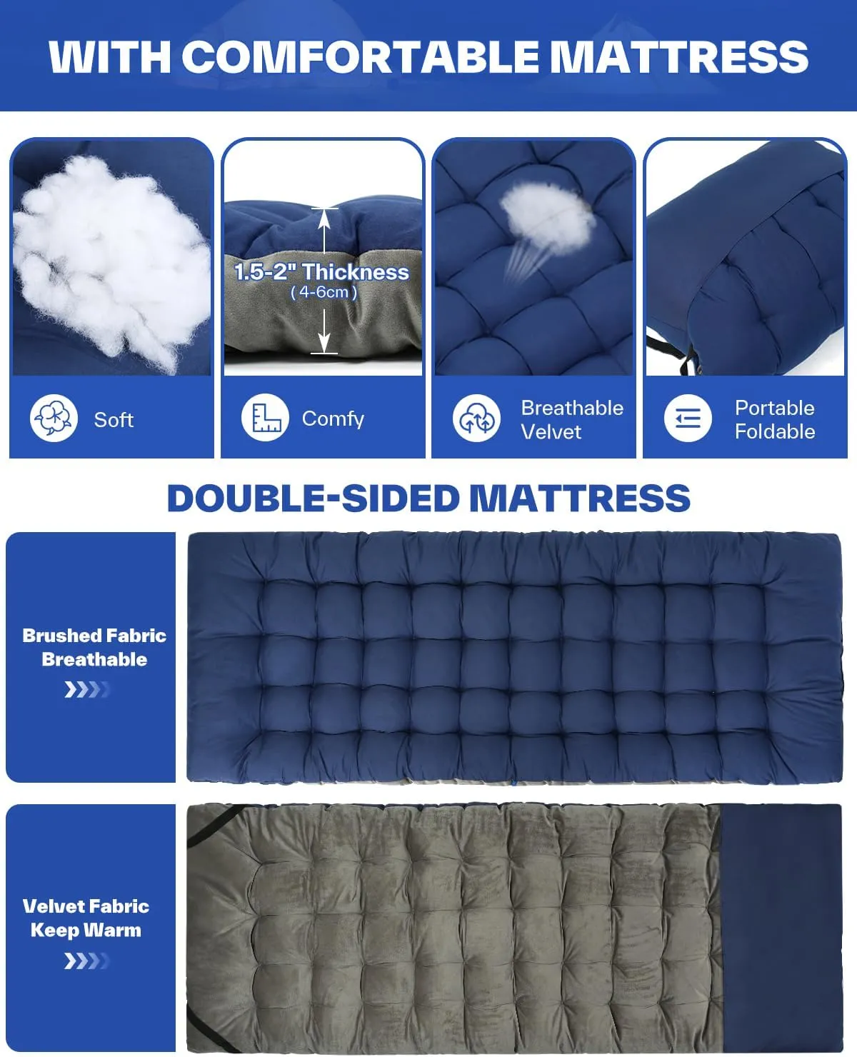 Sportneer Camping Cots for Adults: Easy-to-Assemble Camping Bed with Cmfortable Mattress & Side Bags Support 330lbs - Cot Bed for Camping, Lounging, & Elevated Sleeping, Size 78.3"x28.7"x14.6"