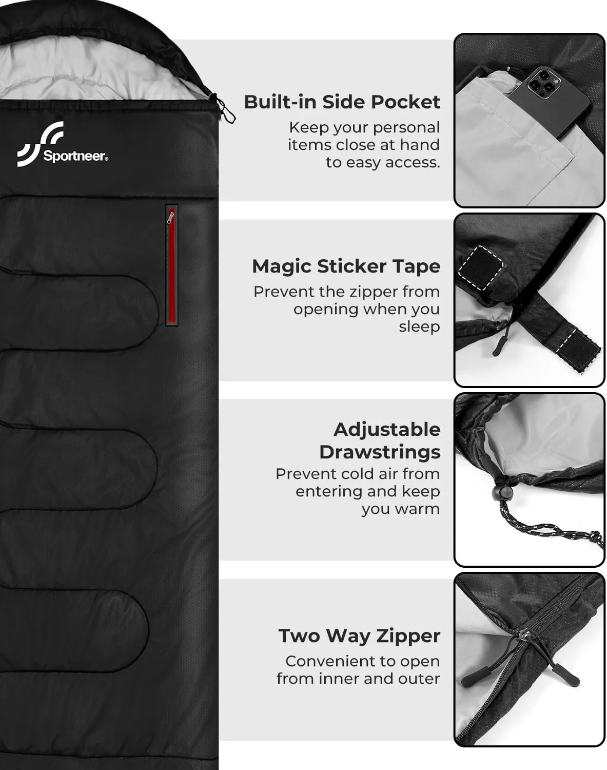 Sportneer Sleeping Bag - Wearable for Adults & Kids with Arm Zipper Holes in Cold & Warm Weather, Waterproof Portable Sleeping Bag for Camping, Hiking, Backpacking, Outdoor Travel
