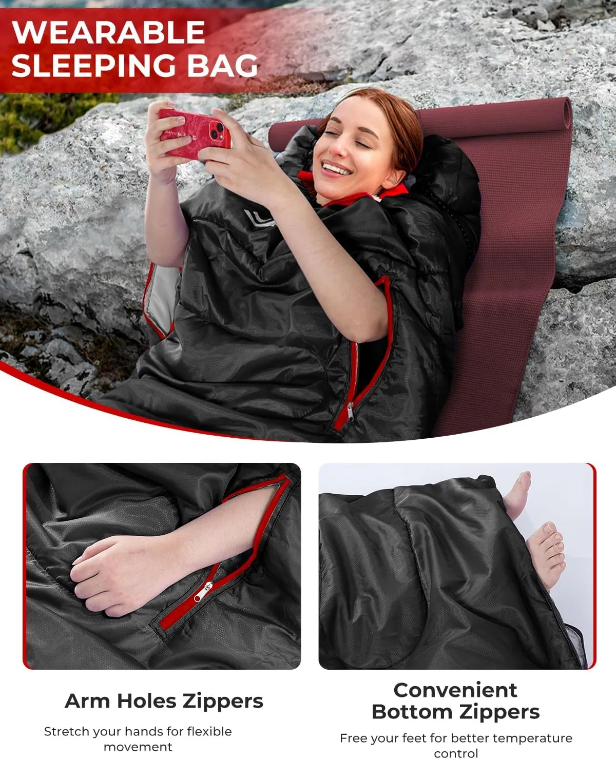 Sportneer Sleeping Bag - Wearable for Adults & Kids with Arm Zipper Holes in Cold & Warm Weather, Waterproof Portable Sleeping Bag for Camping, Hiking, Backpacking, Outdoor Travel