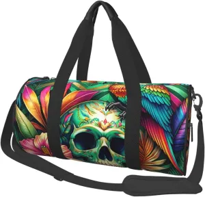 Sports Duffel Bag Abstract-Skull-Hummingbirds-Flowers Foldable Travel Tote Bag Weekender Sleepover Carry On Bag