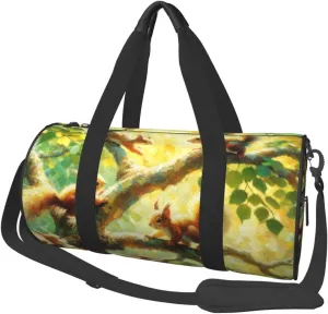 Sports Duffel Bag Squirrel-On-Tree-Oil-Painting Foldable Travel Tote Bag Weekender Sleepover Carry On Bag