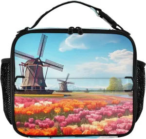 SPRIPORT Windmill Tulip Flowers Insulated Lunch Box for Boys Girls Reusable Lunch Bag Soft Bag Mini Cooler with Adjustable Shoulder Strap Thermal Meal Tote for Men Women Picnic Work School