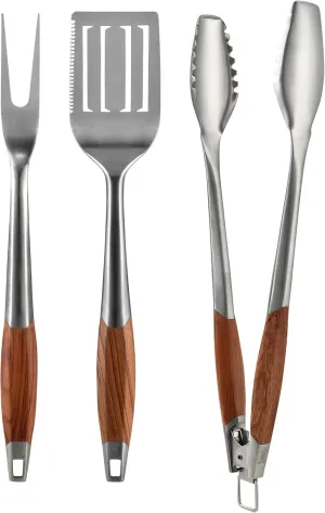 Stainless Steel BBQ Tools with Rose-Wood Handles | Heavy Duty Grilling Accessories | 3-Piece Outdoor Barbecue Grill Utensil Set with Spatula, Fork, and Tongs - Ideal Gift for Men