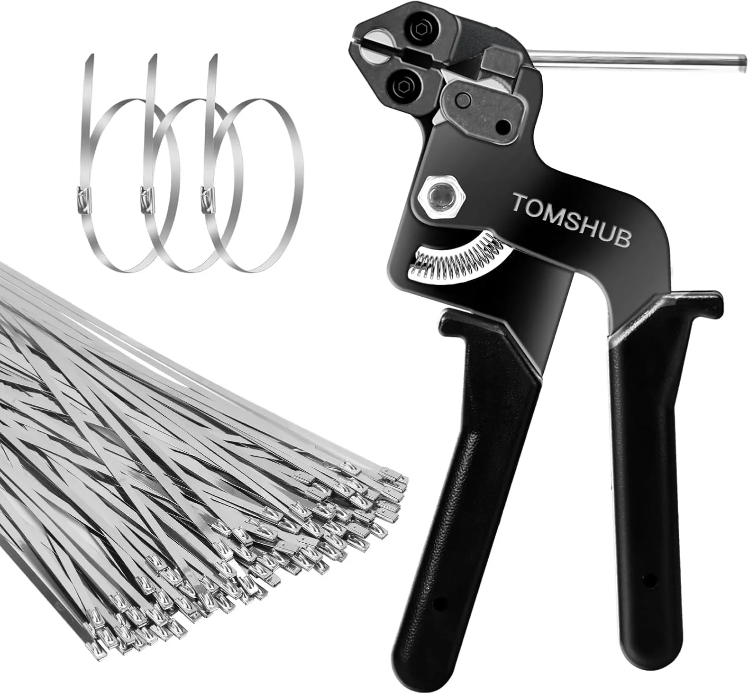 Stainless Steel Cable Tie Gun with 100 Pcs 11.8 inch Metal Zip Ties Tool, Heavy Duty Self-locking Cable Tie Gun Kit for Fastening and Cutting Fence Exhaust Pipe Outdoor