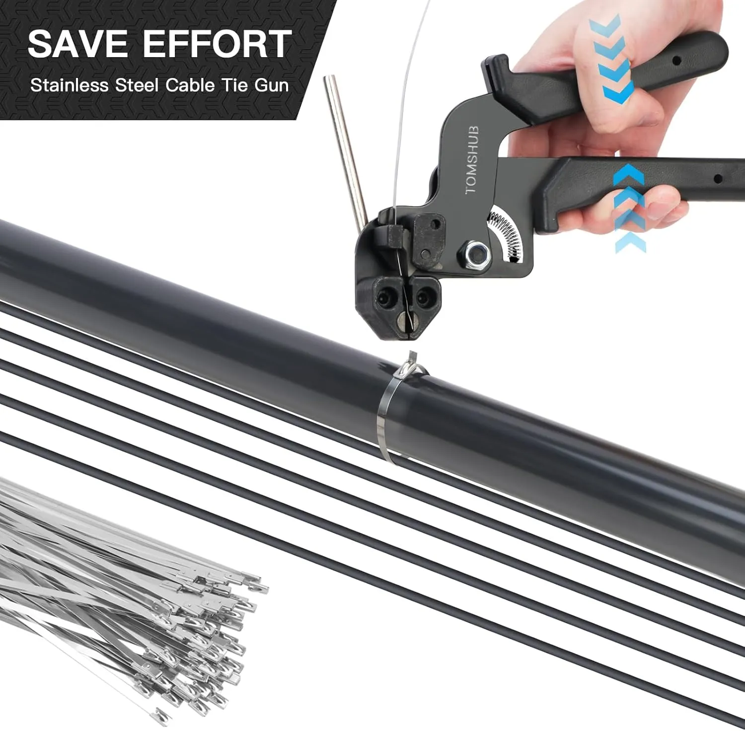 Stainless Steel Cable Tie Gun with 100 Pcs 11.8 inch Metal Zip Ties Tool, Heavy Duty Self-locking Cable Tie Gun Kit for Fastening and Cutting Fence Exhaust Pipe Outdoor