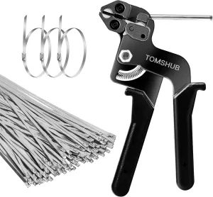 Stainless Steel Cable Tie Gun with 100 Pcs 11.8 inch Metal Zip Ties Tool, Heavy Duty Self-locking Cable Tie Gun Kit for Fastening and Cutting Fence Exhaust Pipe Outdoor