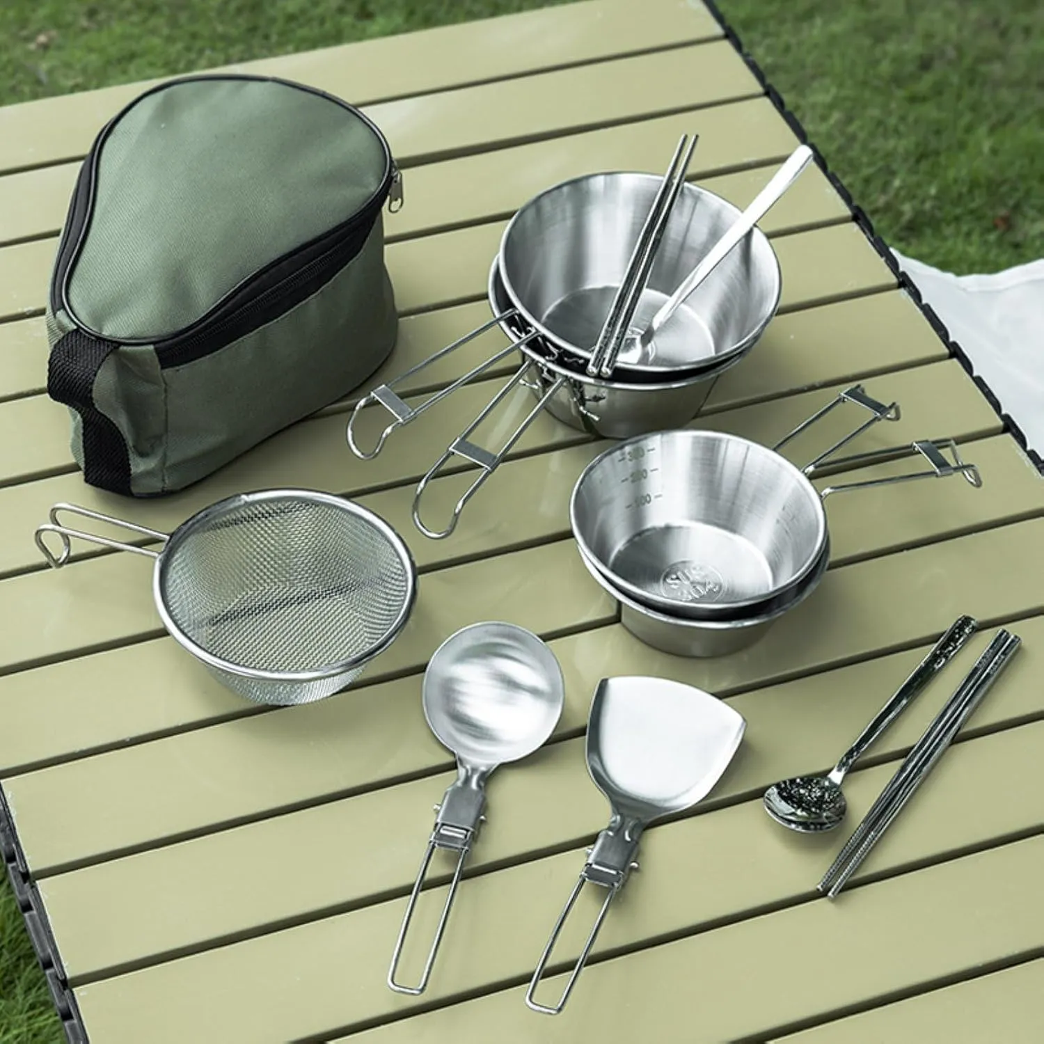 Stainless Steel Camping Tableware Kit with Bowls Strainer Spatula Spoon Chopsticks Storage Bag for Hiking Picnic