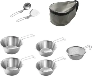 Stainless Steel Camping Tableware Kit with Bowls Strainer Spatula Spoon Chopsticks Storage Bag for Hiking Picnic