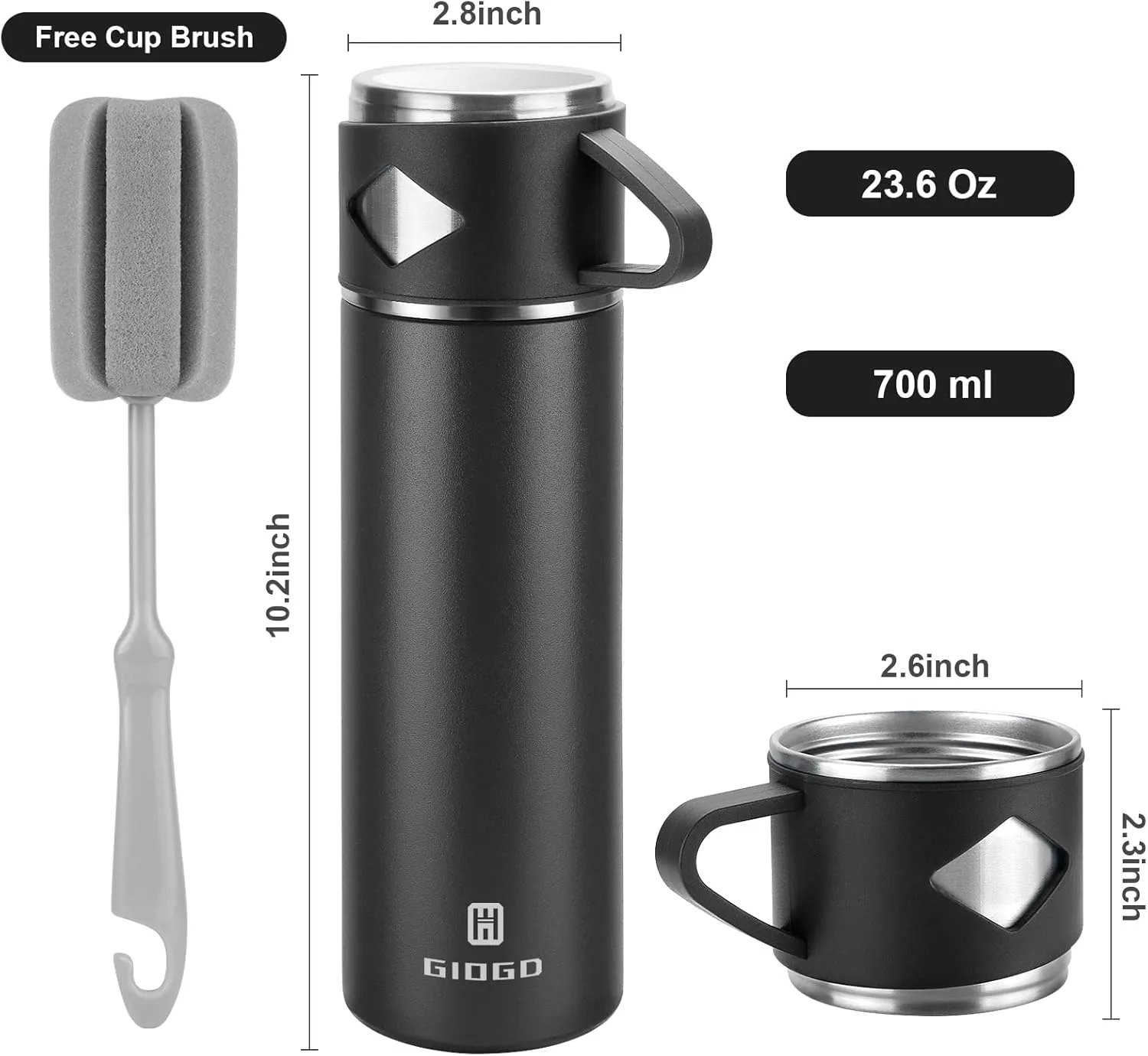 Stainless Steel Thermo 23.7oz Vacuum Insulated Bottle with Cup for Coffee Hot drink and Cold drink water flask.(Black,Single)