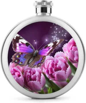 Stainless Steel Wine Bottle Liquor Container Purple Flower Butterfly Print Leak Proof Hip Flask Durable for Camping Hiking Travel Festivals
