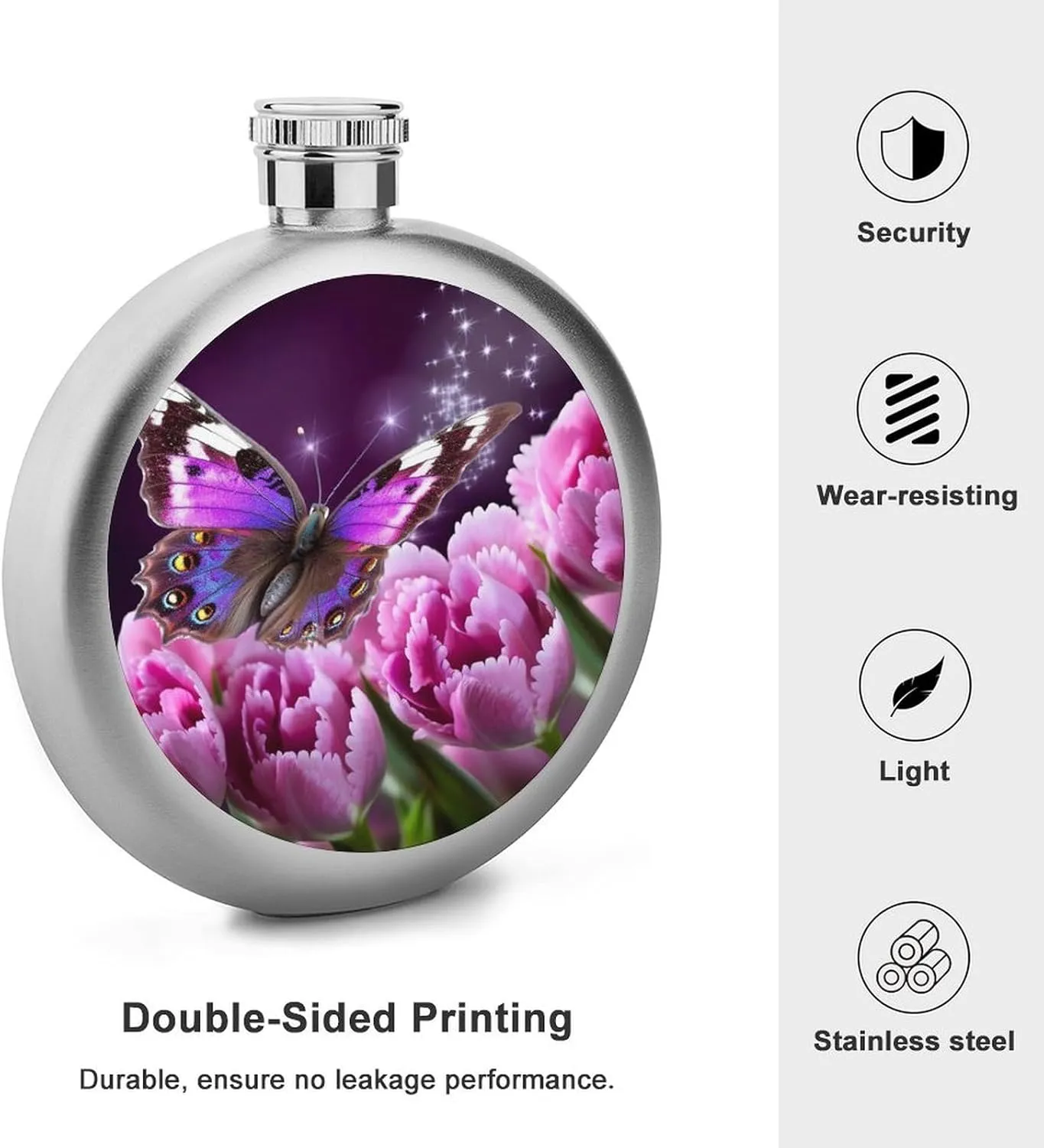 Stainless Steel Wine Bottle Liquor Container Purple Flower Butterfly Print Leak Proof Hip Flask Durable for Camping Hiking Travel Festivals