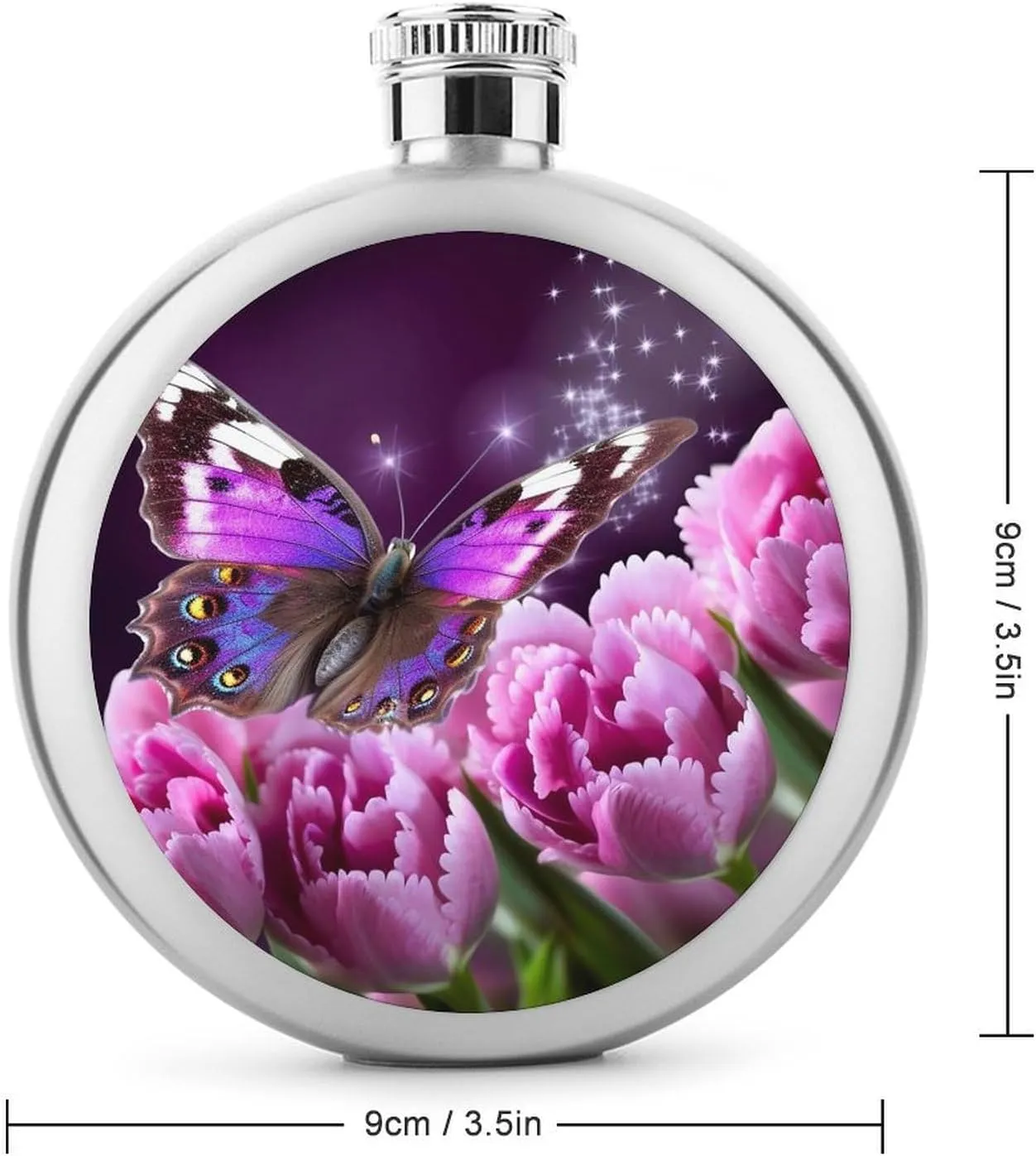 Stainless Steel Wine Bottle Liquor Container Purple Flower Butterfly Print Leak Proof Hip Flask Durable for Camping Hiking Travel Festivals