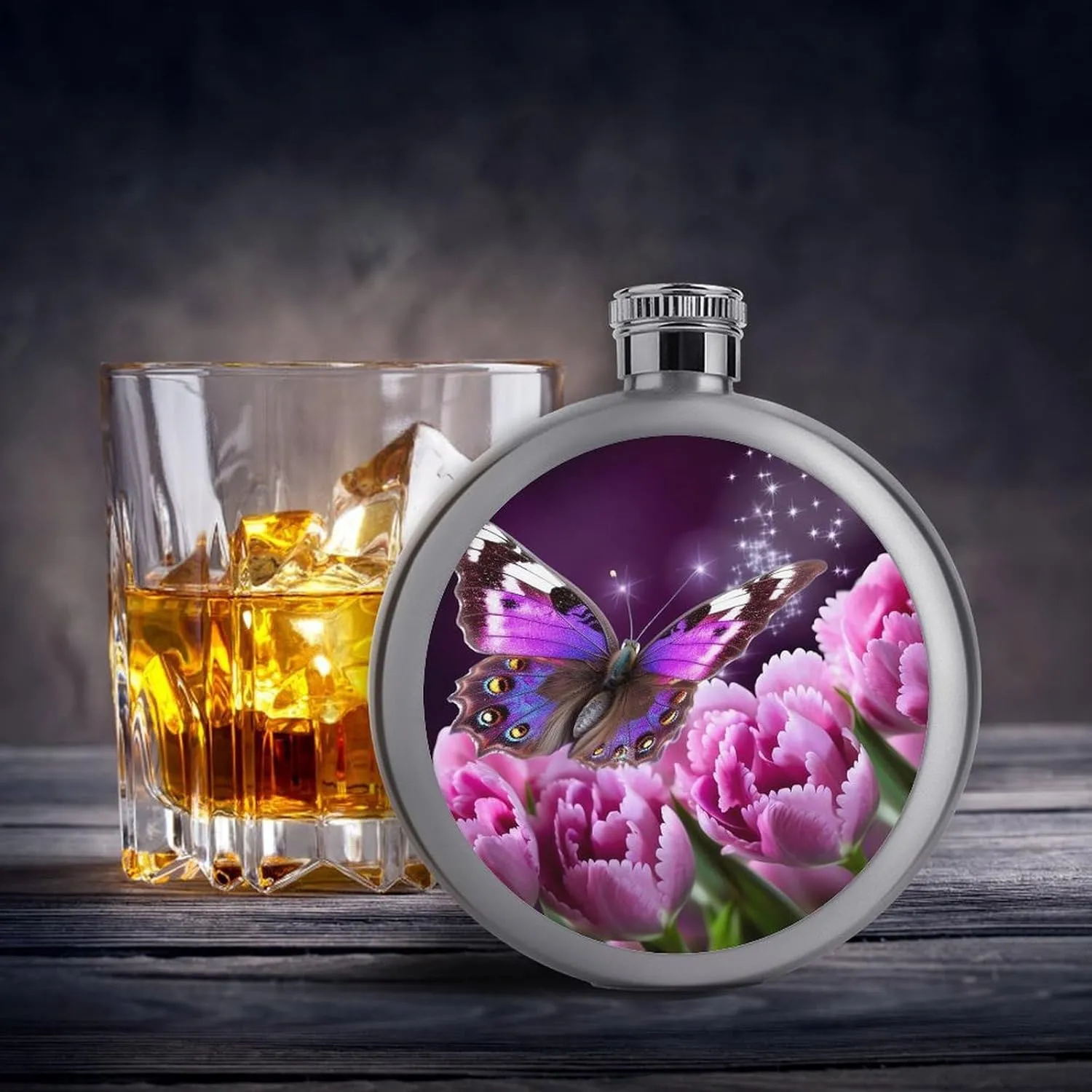 Stainless Steel Wine Bottle Liquor Container Purple Flower Butterfly Print Leak Proof Hip Flask Durable for Camping Hiking Travel Festivals