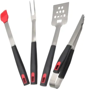 Stainless Stell BBQ Accessories Tool Set with Serrated Edged Spatula、Fork Brush and Tongs Backyard Outdoor Cooking and Teppanyaki Barbecue Tools Accessories 4-Piece Home Barbecue Set