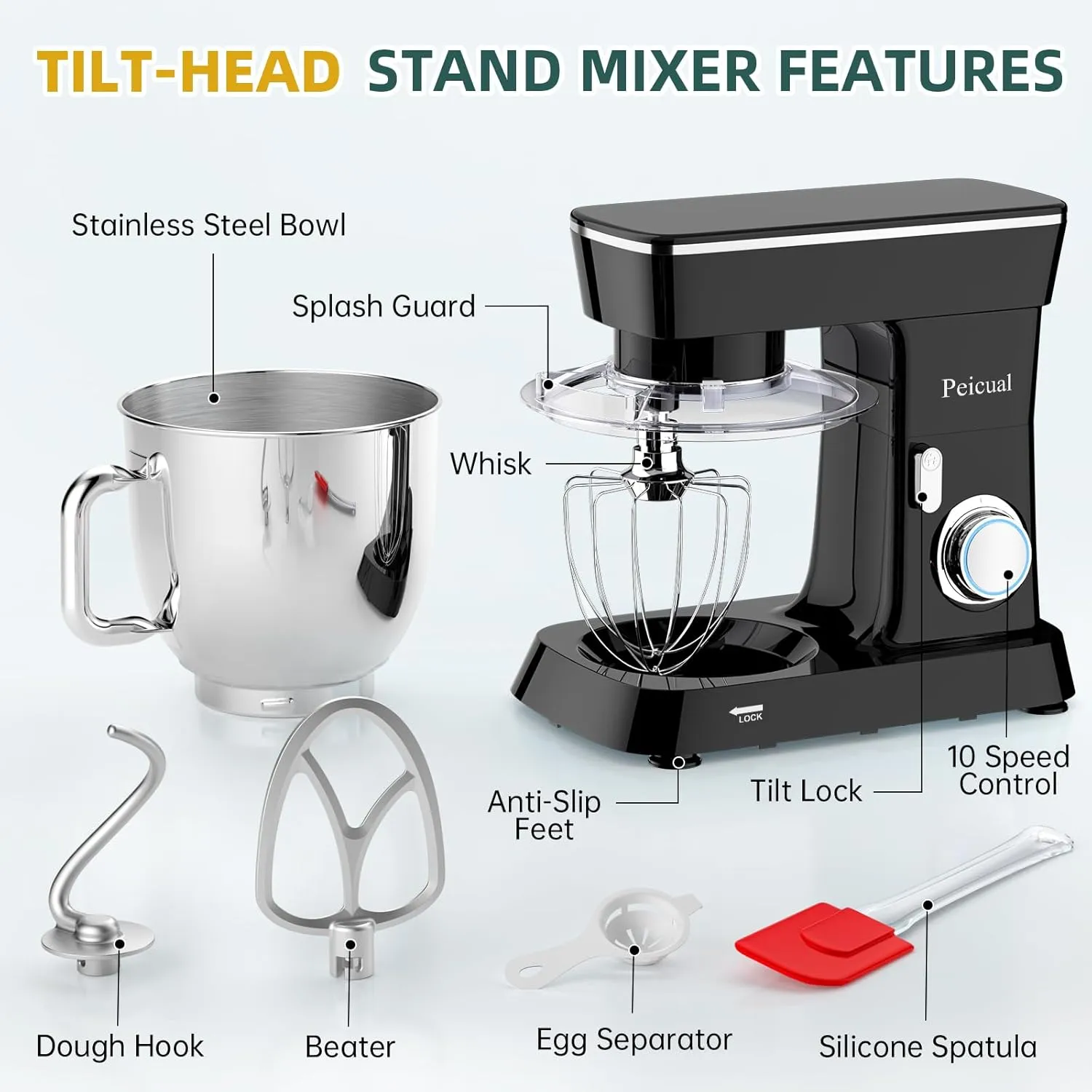 Stand Mixer, 6QT 10 P Speed Tilt-Head Kitchen Electric Mixer, Food Mixer with Stainless Steel Bowl, Dough Hook, Flat Beater, Wire Whisk, Splash Guard for Daily Use - Black