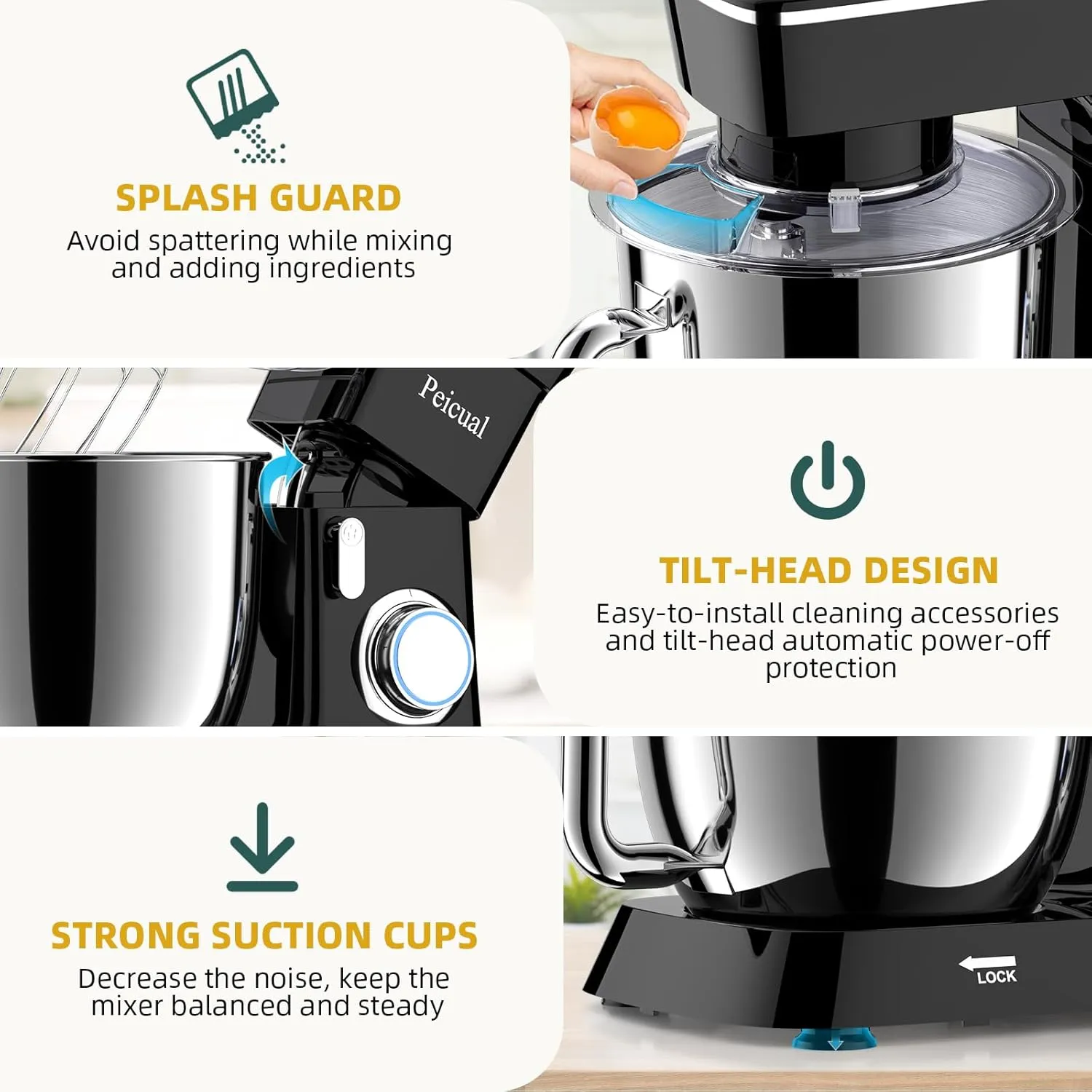 Stand Mixer, 6QT 10 P Speed Tilt-Head Kitchen Electric Mixer, Food Mixer with Stainless Steel Bowl, Dough Hook, Flat Beater, Wire Whisk, Splash Guard for Daily Use - Black
