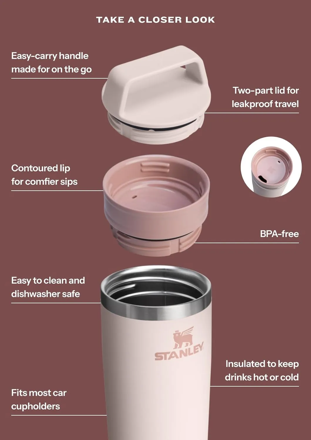 STANLEY Cafe To Go Travel Mug 20 oz | Leakproof Two-Part Drink Through Lid | Tumbler Cup for Coffee, Tea and Drinks | Insulated Stainless Steel Coffee Mug | BPA-Free | Rose Quartz
