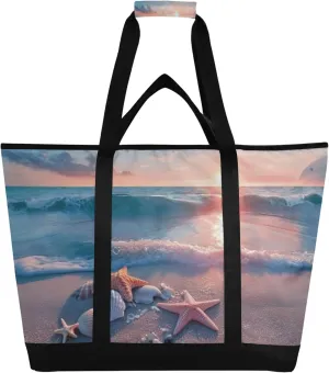 Starfish Shell Beach Reusable Insulated Cooler Bag with Ice Pack Compartment - Large 47L Waterproof Thermal Grocery Tote for Picnic Beach Camping Lunch Storage