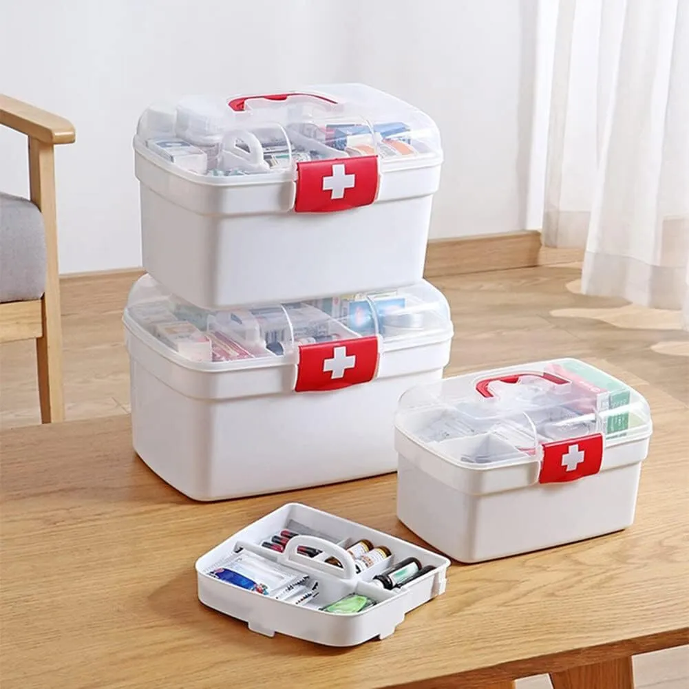 Storage Organizer - Medicine Box Plastic First Aid Box Empty - Family Emergency Kit Medication Storage Organizer with Handle Medicine Cabinet Storage Pill Case Durable Organizer Box Bins