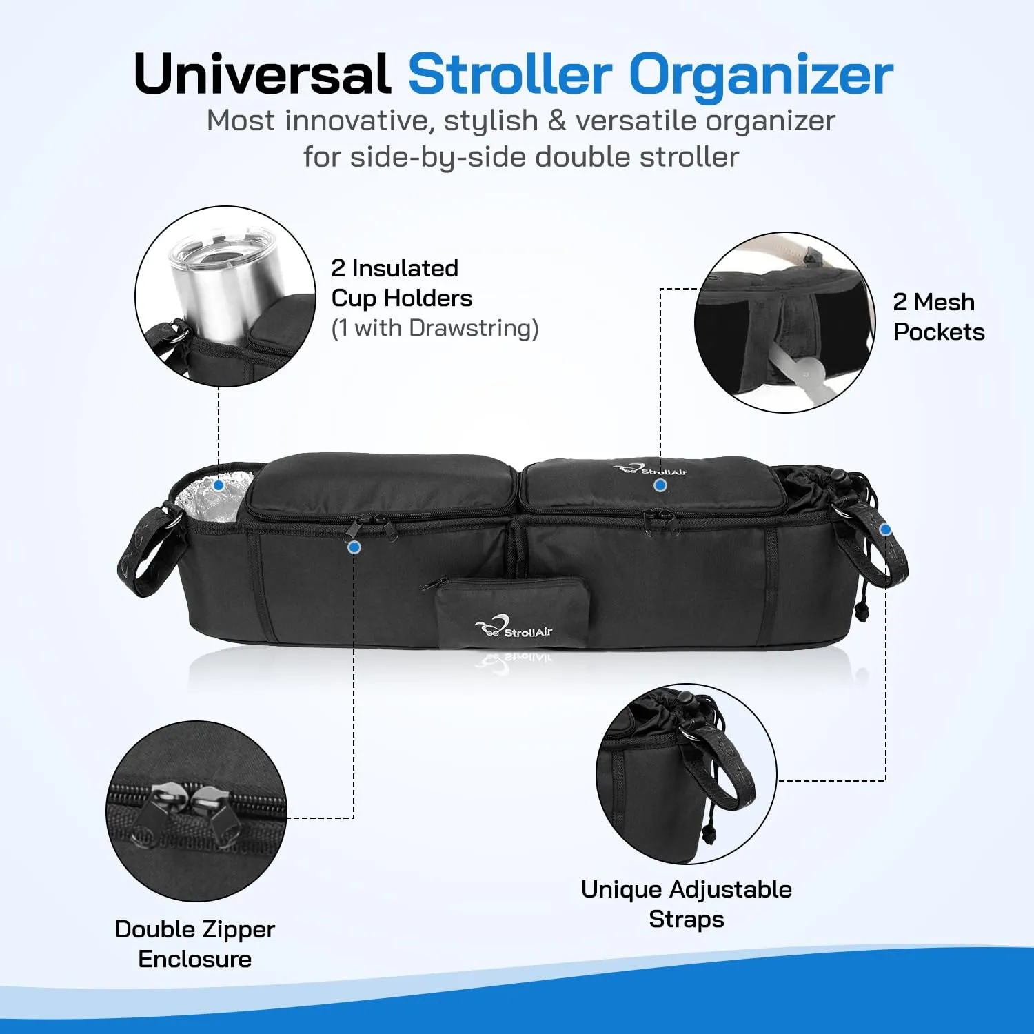 StrollAir - Universal Best Double Parent Stroller Organizer Caddy Insulated Cup Holder Console side-by-side Mountain Buggy TWIN WAY Bob Duallie Baby Jogger City Mini GT – Black