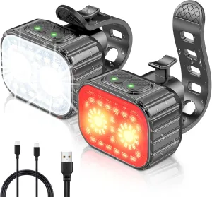 Super Bright Bike Light Set, IPX6 Waterproof, 8 12 Modes, USB Rechargeable, Black, Front & Back Bike Lights
