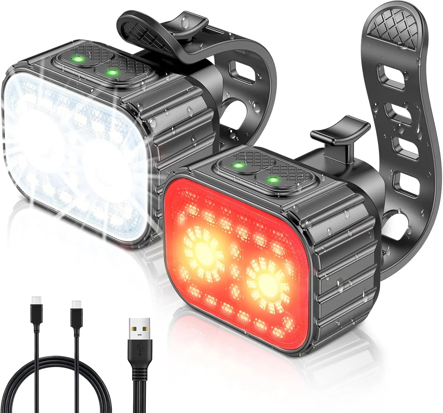 Super Bright Bike Light Set, IPX6 Waterproof, 8 12 Modes, USB Rechargeable, Black, Front & Back Bike Lights
