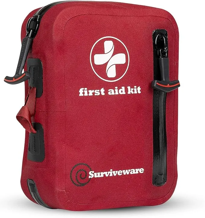 Surviveware Waterproof First Aid Kit - Survival Emergency Preparedness for Travel Camping Gear, Survival Kits, Home Essentials and Outdoor Emergencies - Small 100 Piece