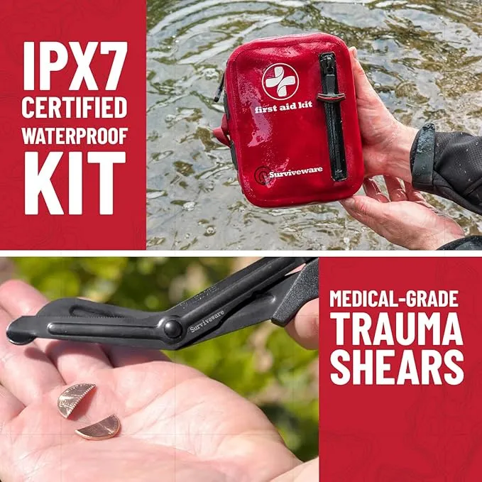 Surviveware Waterproof First Aid Kit - Survival Emergency Preparedness for Travel Camping Gear, Survival Kits, Home Essentials and Outdoor Emergencies - Small 100 Piece