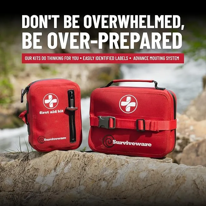 Surviveware Waterproof First Aid Kit - Survival Emergency Preparedness for Travel Camping Gear, Survival Kits, Home Essentials and Outdoor Emergencies - Small 100 Piece