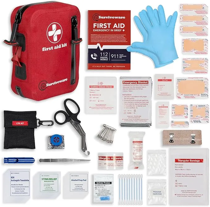 Surviveware Waterproof First Aid Kit - Survival Emergency Preparedness for Travel Camping Gear, Survival Kits, Home Essentials and Outdoor Emergencies - Small 100 Piece