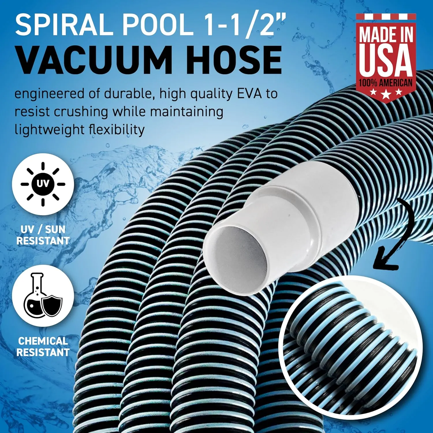 Swimming Pool Vacuum Hose 1-1/2" x 35-Ft, Swivel Cuff Kinkproof Design, Made in USA, Connects to Vacuum Head, Skimmer, Filter Pump for Cleaning In Ground and Above Ground Pools