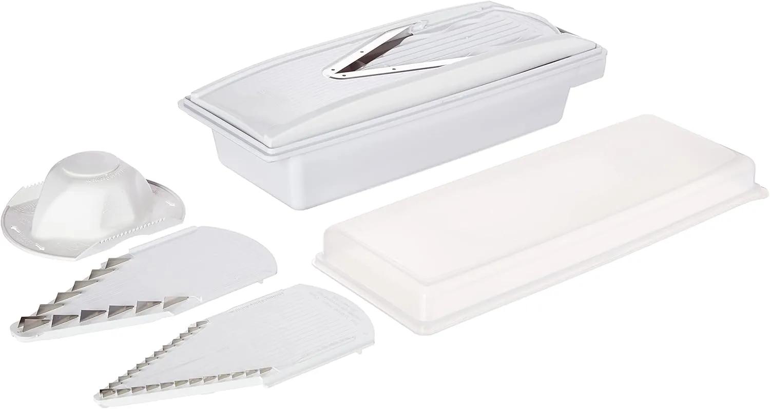 Swissmar V-Prep™ Mandoline Slicer – Versatile Kitchen Slicer for Julienne, Shred, Cube & Slice – Includes Multi-Function Bowl & Safety Holder – Essential Kitchen Gadget – White