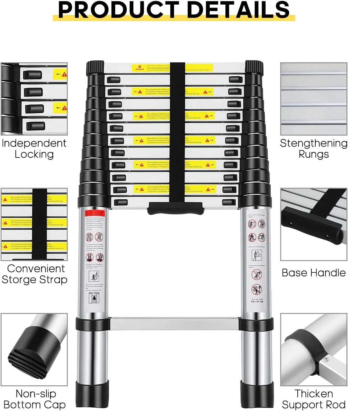 Telescoping Ladder, 12.5FT Aluminum Extension Ladder with 2 Replacement of Non-Slip Rubber Cover, Telescopic Ladder Portable Multi-Purpose for Indoor Outdoor Work, 330 lbs Load Capacity