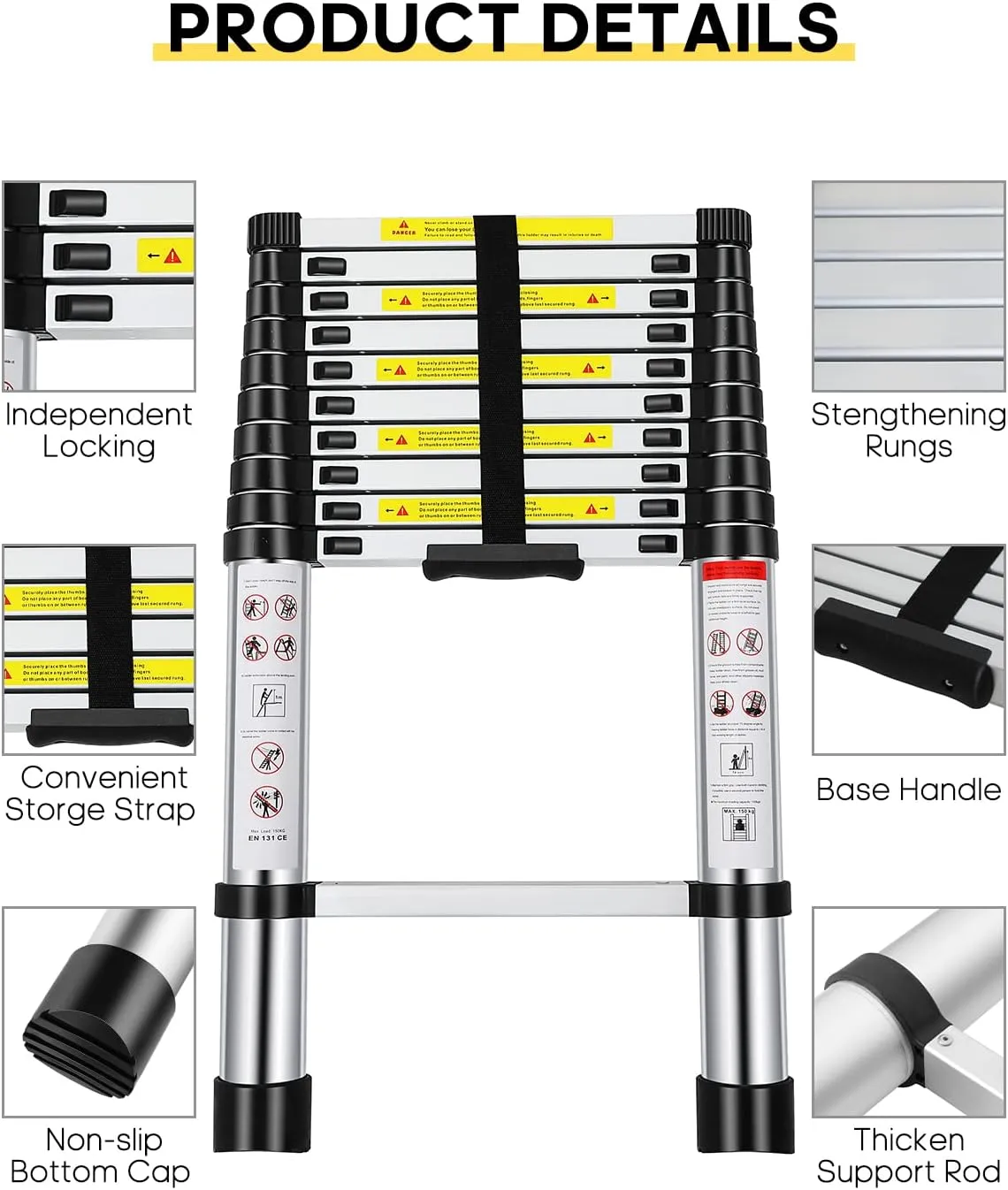 Telescoping Ladder,10.5FT Aluminum Extension Ladder with 2 Replacement of Non-Slip Rubber Cover, 330 lb. Load Capacity, Telescopic Ladder Portable Multi-Purpose for Indoor Outdoor Work