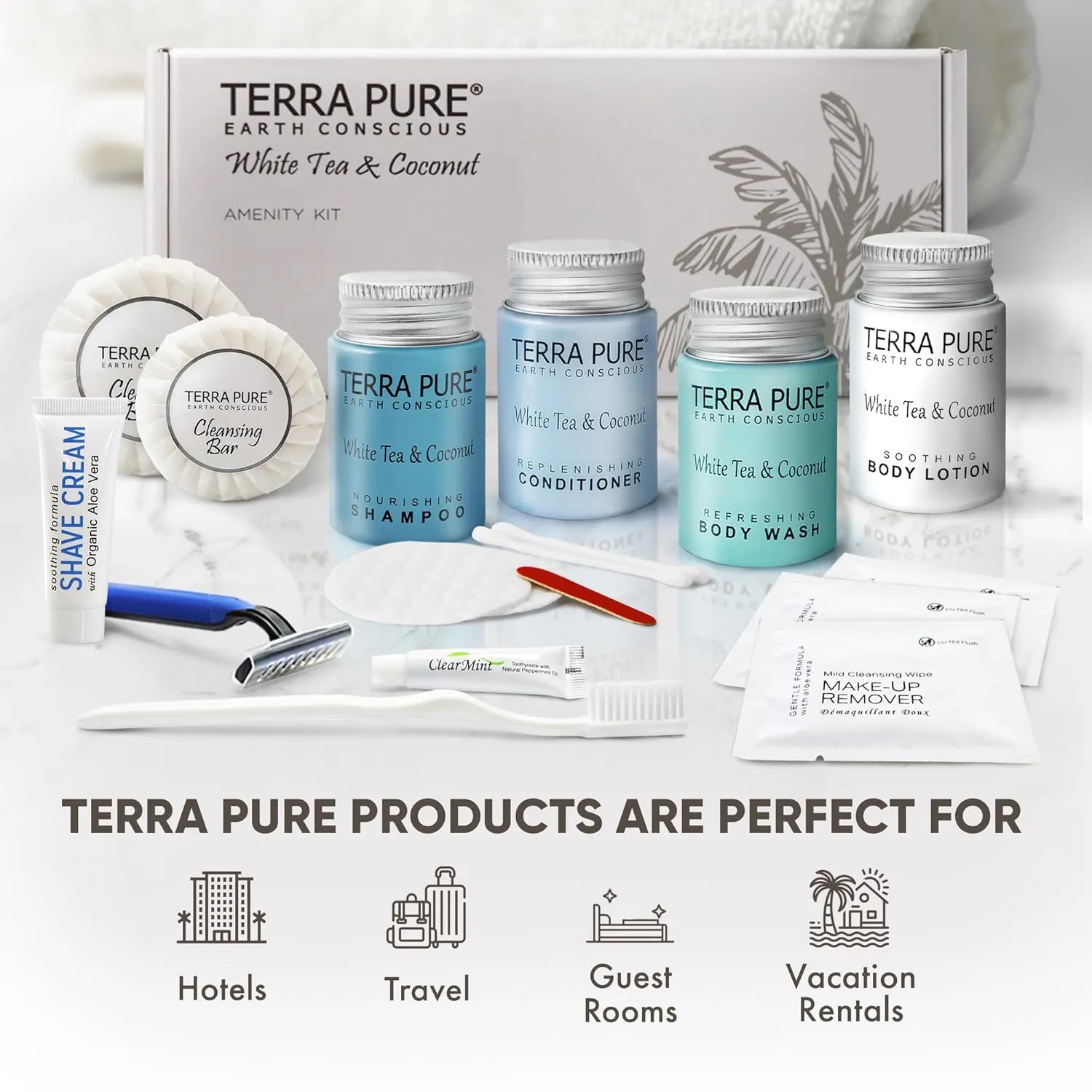 Terra Pure White Tea & Coconut Amenity & Accessory Kit |1oz Travel Size Shampoo, Conditioner, Lotion, Body Wash, 2 Cleansing Bars, Shave & Dental Sets, Make-Up Remover Wipes, & Vanity Kit | 60 Boxes