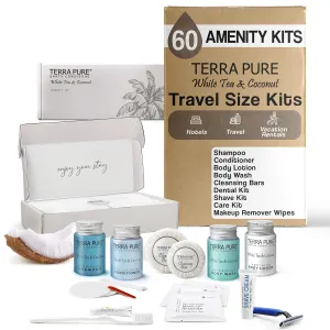 Terra Pure White Tea & Coconut Amenity & Accessory Kit |1oz Travel Size Shampoo, Conditioner, Lotion, Body Wash, 2 Cleansing Bars, Shave & Dental Sets, Make-Up Remover Wipes, & Vanity Kit | 60 Boxes