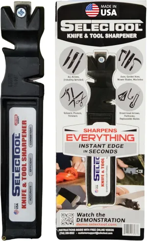 The Original SELECTOOL Knife & Tool Sharpener - Automatic Allignment Works on Any Edge - Manual Pocket Knife Sharpener Tool, Quick Sharpening any Kitchen Knives, Blades, Scissors - Black, Made in USA