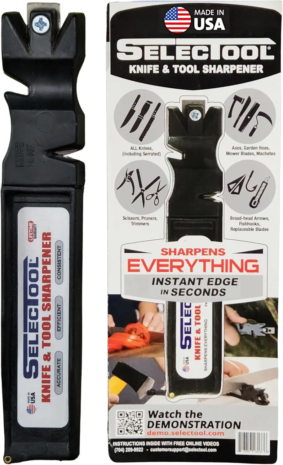 The Original SELECTOOL Knife & Tool Sharpener - Automatic Allignment Works on Any Edge - Manual Pocket Knife Sharpener Tool, Quick Sharpening any Kitchen Knives, Blades, Scissors - Black, Made in USA