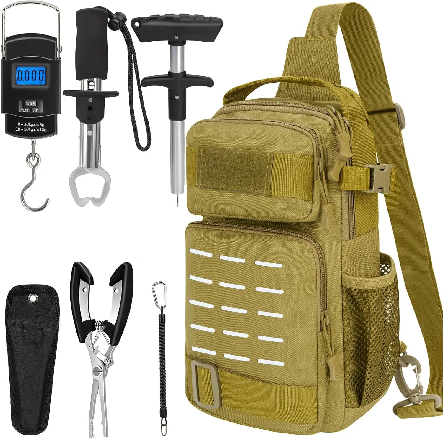 THKFISH 7Pcs Fishing Backpack with Fishing Pliers Kit, Tactical Fish Sling Tackle Bag Included Fishing Tackle kit, Digital Fishing Gear Weight Scale, Fish Hook Remover Tools