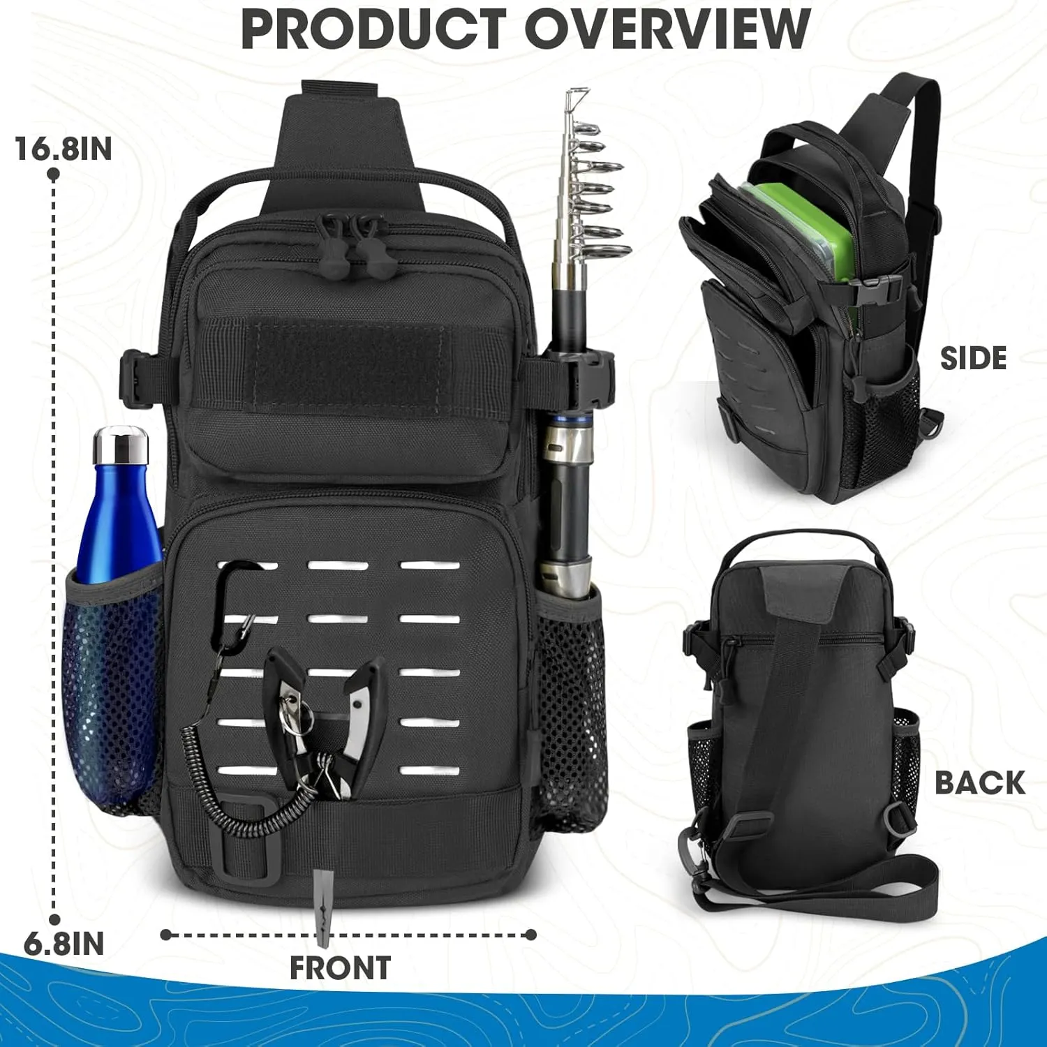 THKFISH 7Pcs Fishing Backpack with Fishing Pliers Kit, Tactical Fish Sling Tackle Bag Included Fishing Tackle kit, Digital Fishing Gear Weight Scale, Fish Hook Remover Tools