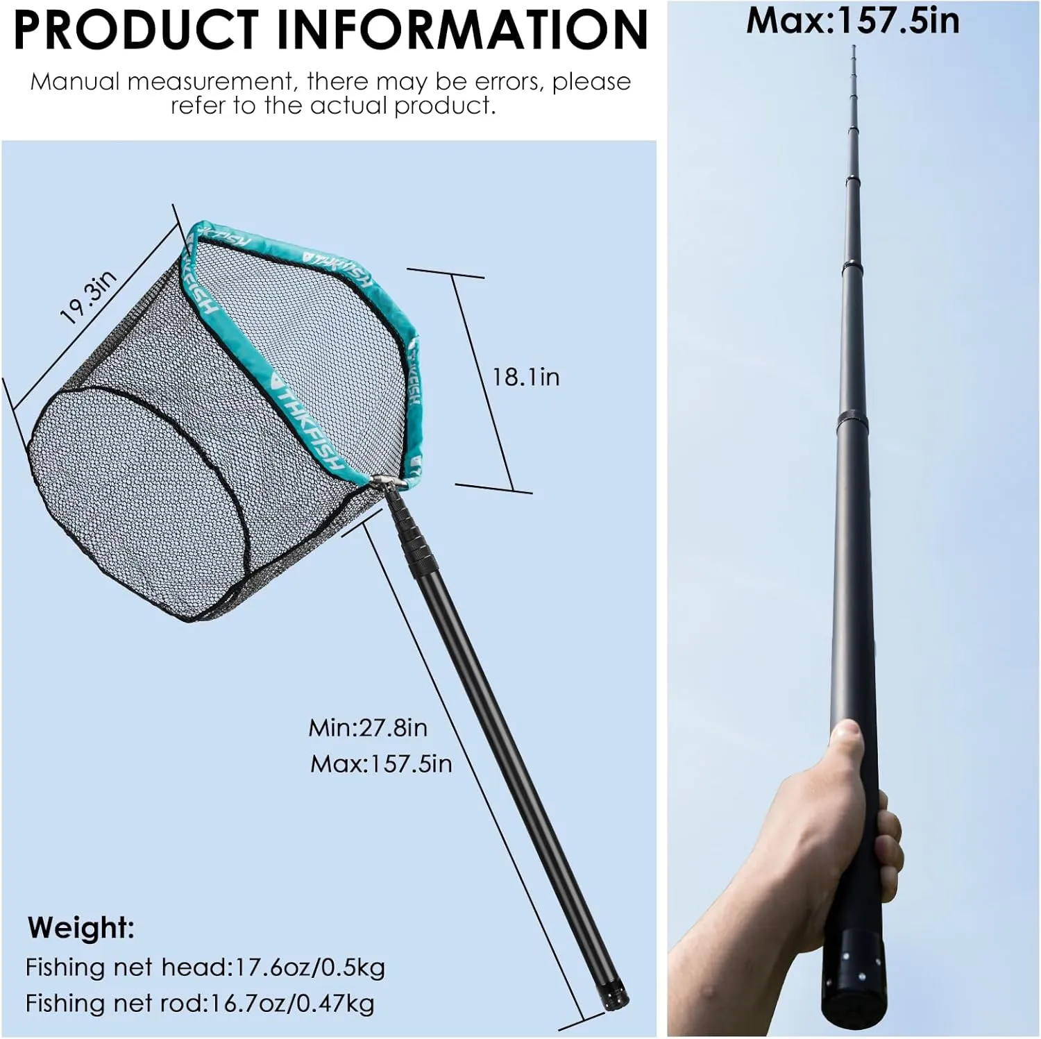 THKFISH Carbon Fiber Fishing Net - Long Handle, Portable Telescopic Landing Net - 27 to 157.5 Inch - Aluminum Mesh Frame Rubber Coated