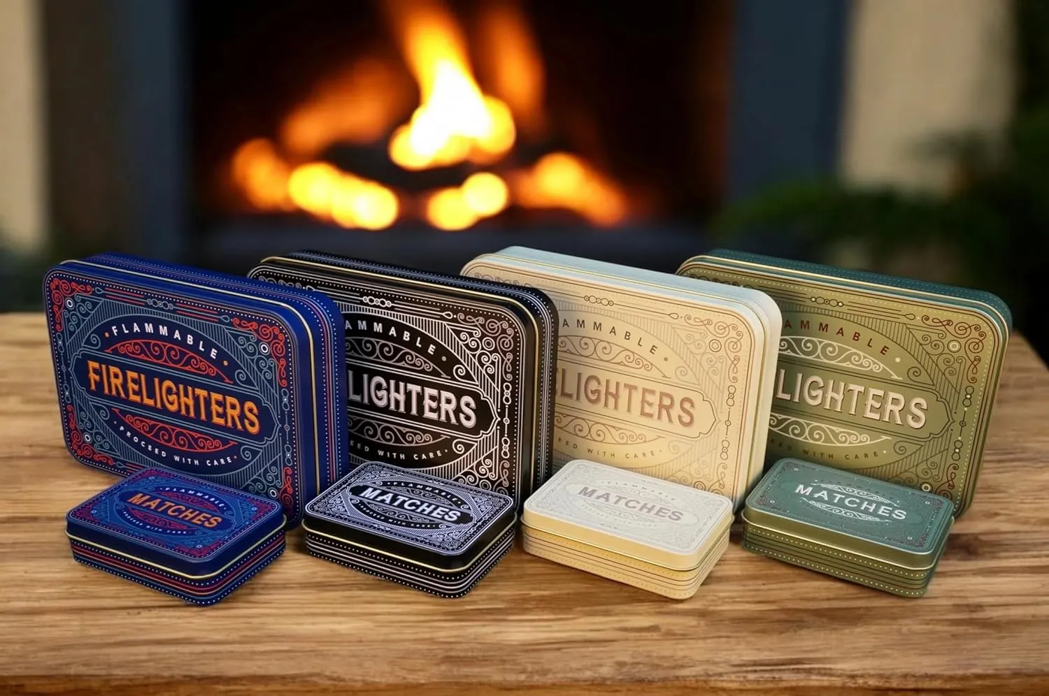 TINIT Firestarter & Match Tin Set - Fireplace Storage Fireside Fire Stove BBQ Campfire Firewood Gift Men Man Home (Sage)