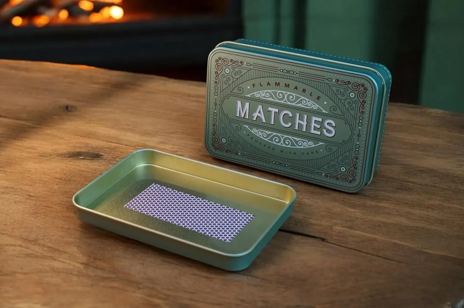 TINIT Firestarter & Match Tin Set - Fireplace Storage Fireside Fire Stove BBQ Campfire Firewood Gift Men Man Home (Sage)